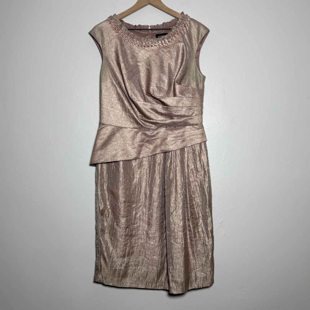 Adrianna Papell Womens Sheath Dress 12 Pink Mother of Bride Jewel Neckline Ruche